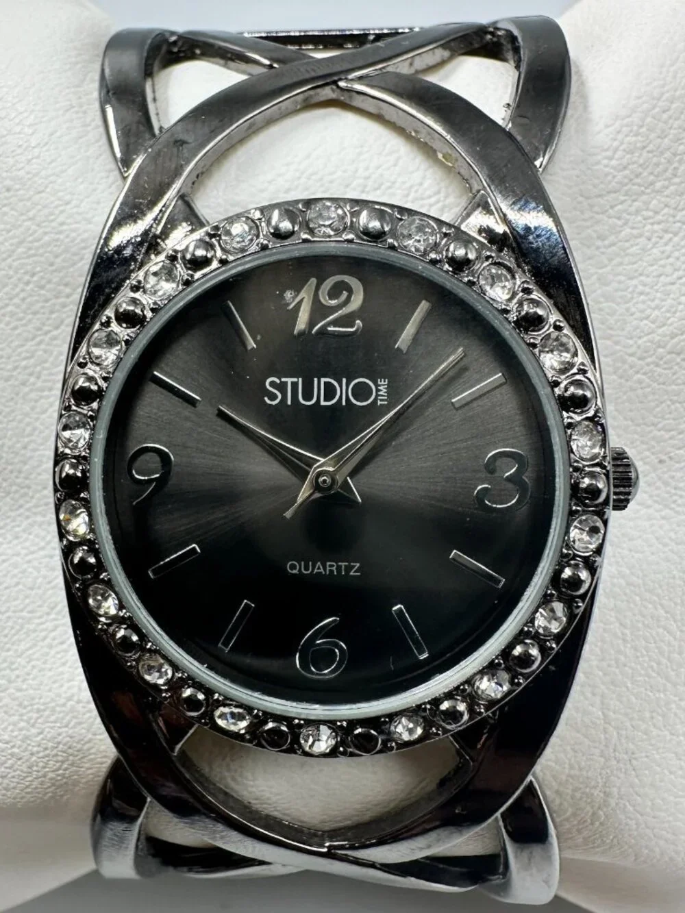 3/$30 Studio Time Watch Women Black Crystal Bezel Clamper Cuff Band 6.75
